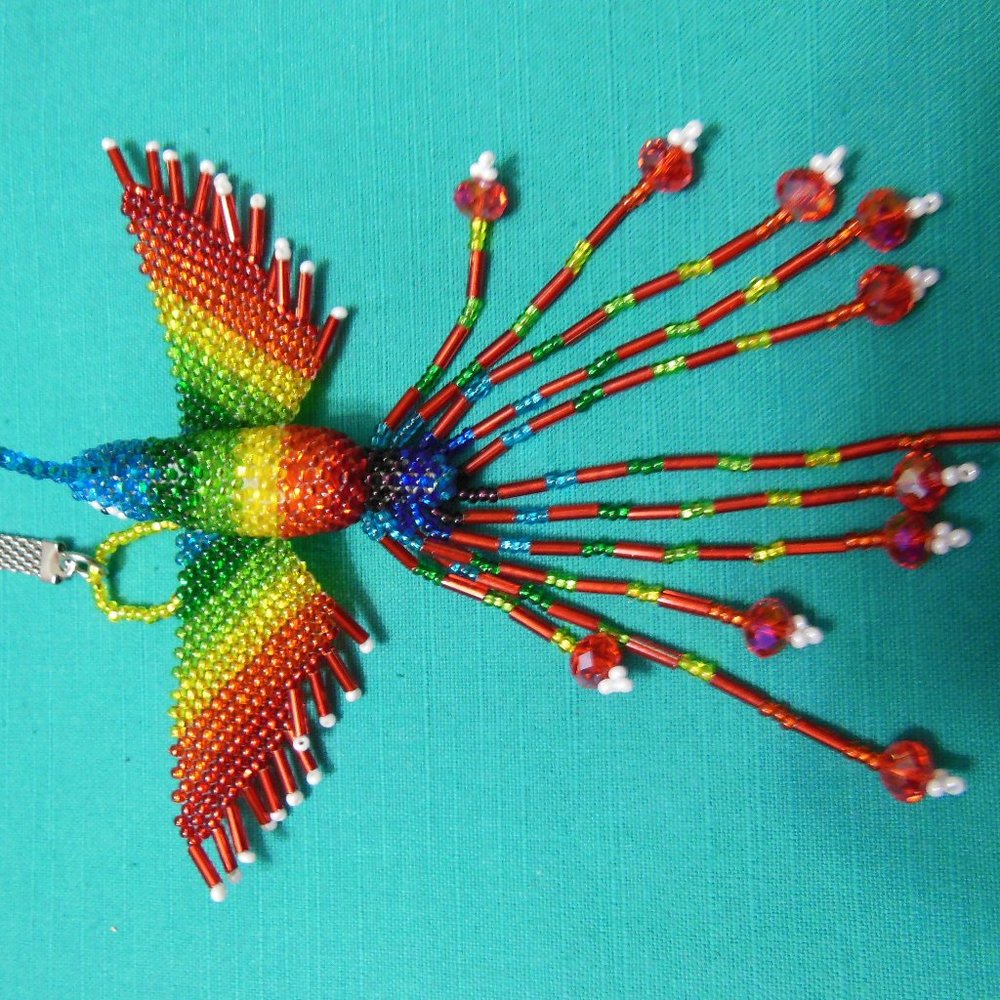Huichol Handmade Key Chain Hummingbird Chaquira - Picture 2 of 5